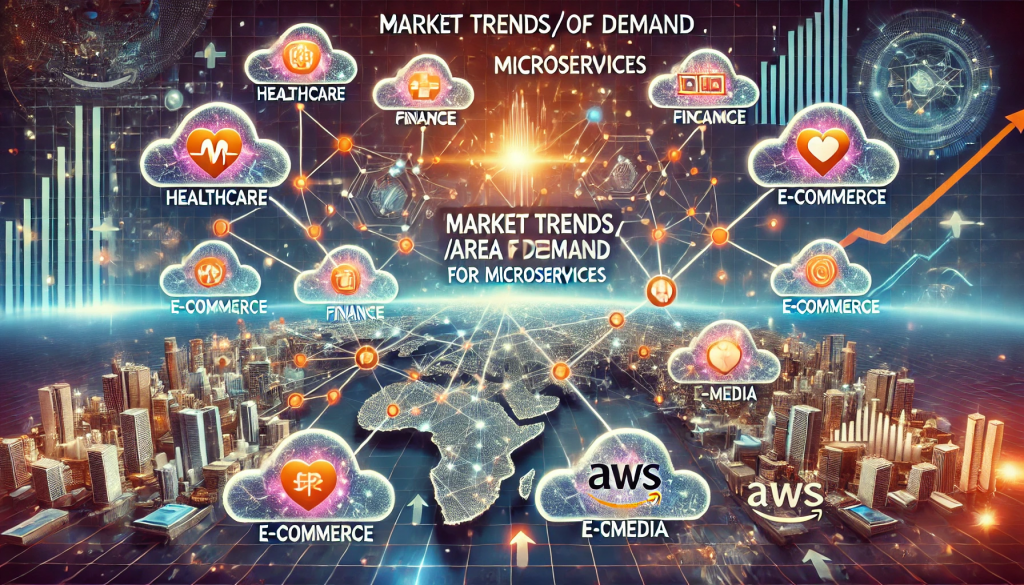 Market Trends/Area of Demand for Microservices," showcasing industry sectors and dynamic growth trends.