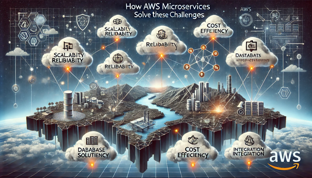 How AWS Microservices Solve These Challenges," depicting solutions for scalability, reliability, cost-efficiency, and integration.